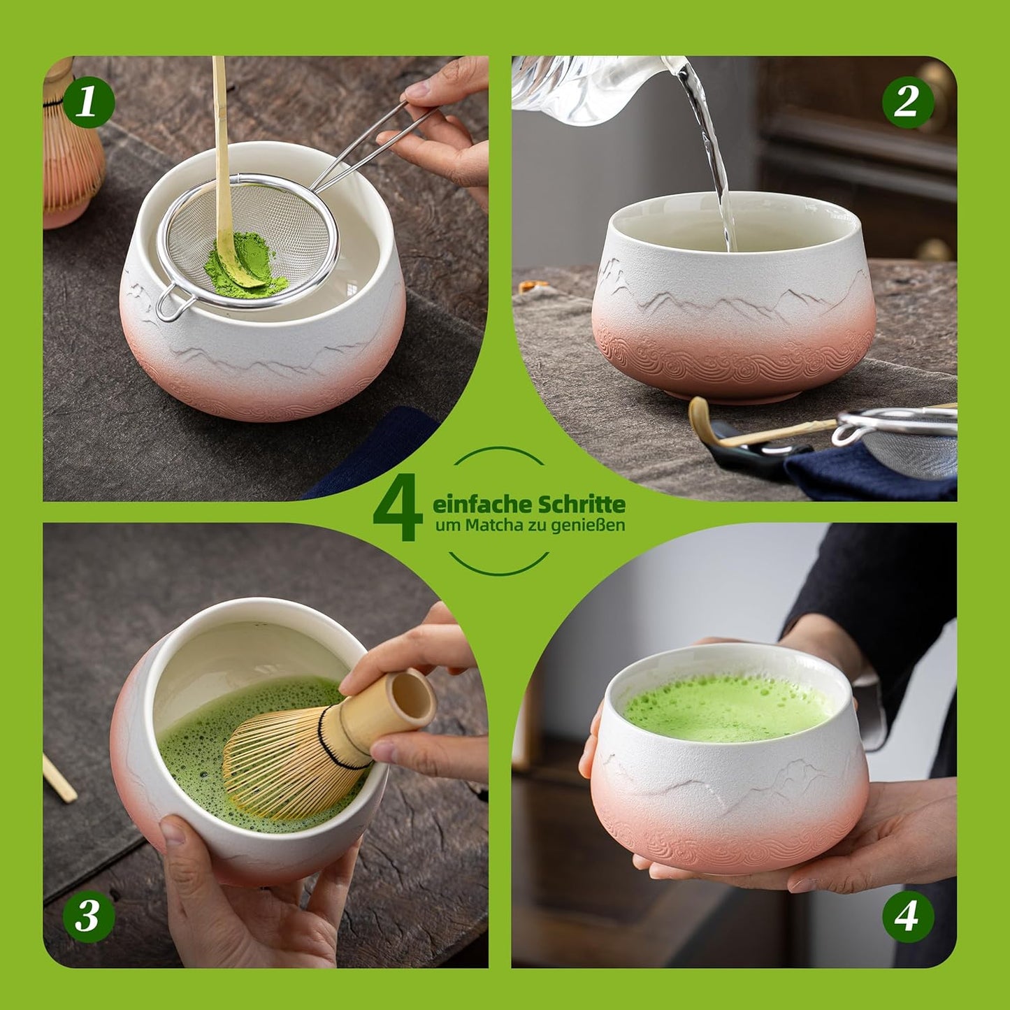 Matcha Tee Set - Komplettset (7-teilig), Berge und Meere schnitzen, Farbverlauf Rosa