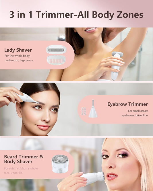 3-in-1 Damenrasierer & Trimmer, wasserdicht, USB-Ladung, Weiss