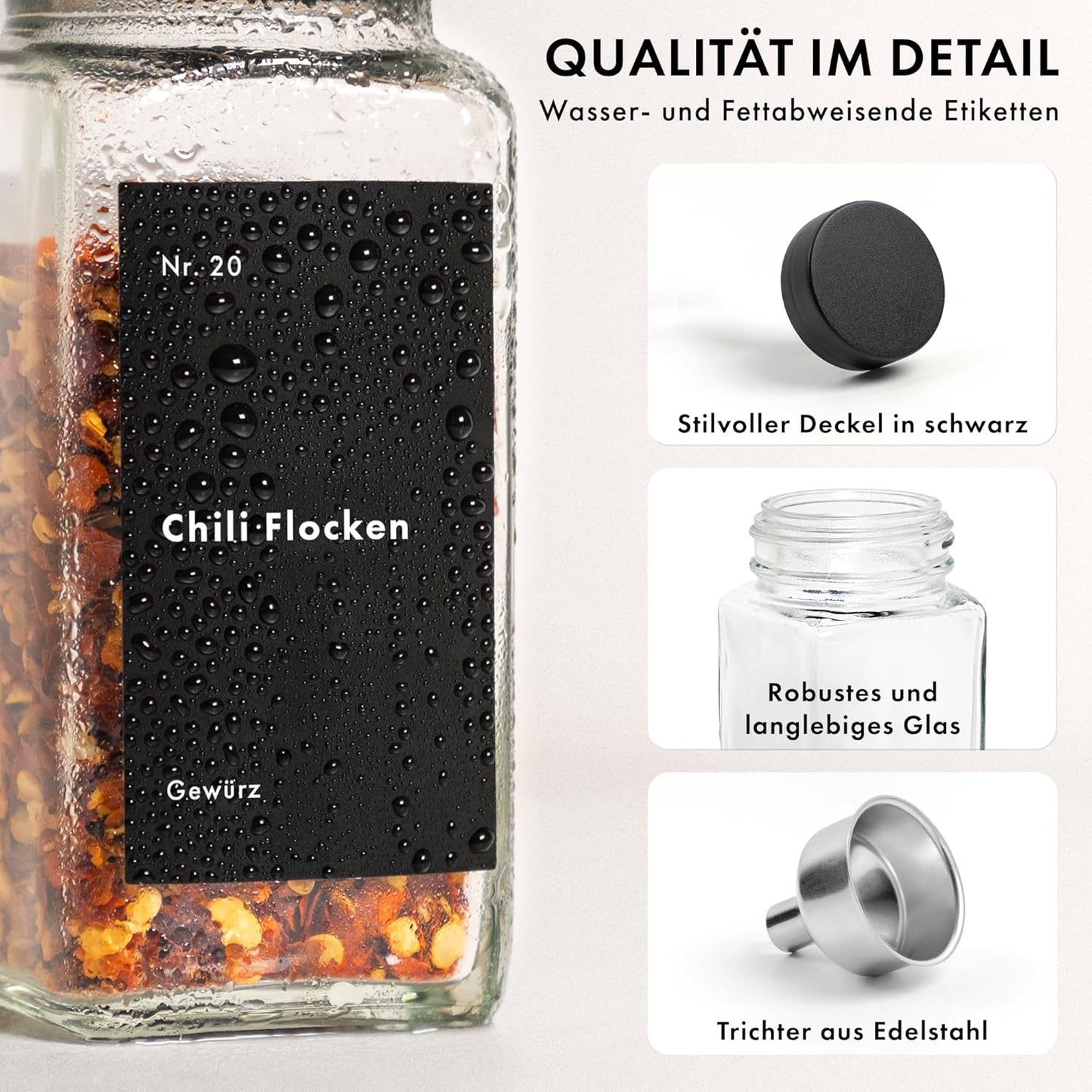 24x eckige Gewürzgläser inkl. Zubehör, Schwarzer Deckel