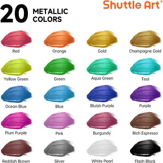 Metallic-Acrylfarben-Set inkl. Pinsel & Palette, 20 Farben mit Metallglanz