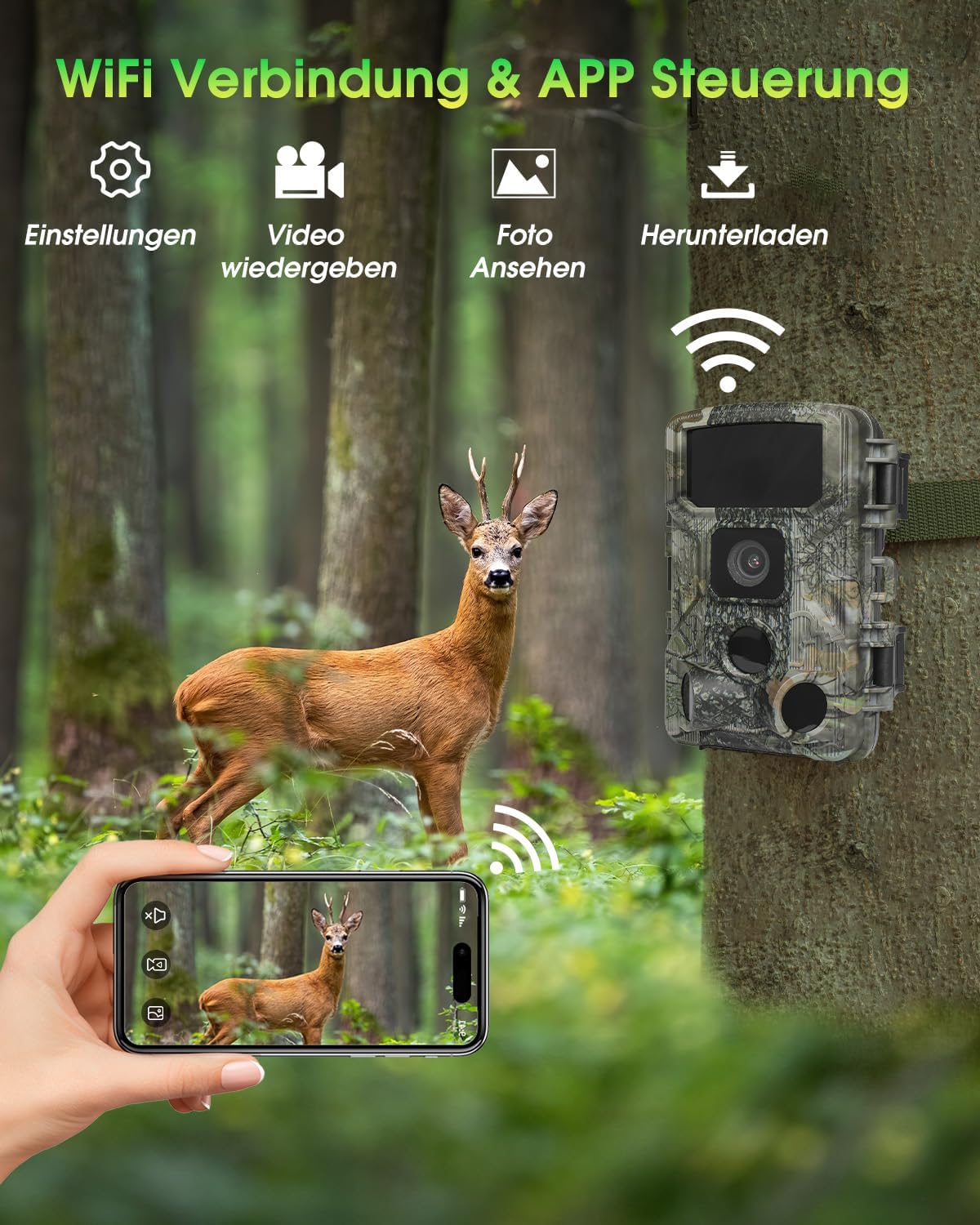 Wildkamera mit WLAN, 4K, Nachtsicht, IP67, 130° Winkel