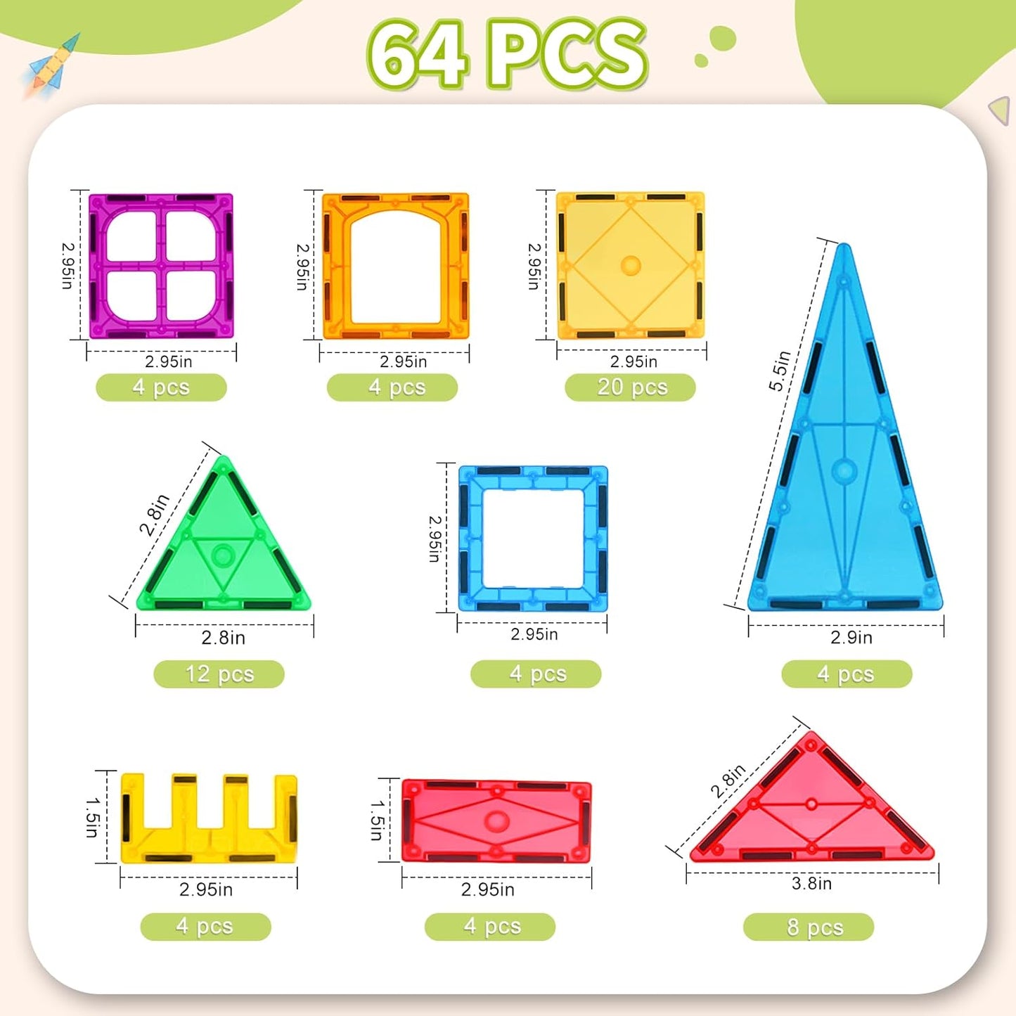 Magnetische Bausteine Starterset (64 Teile, inkl. Auto), 64pcs