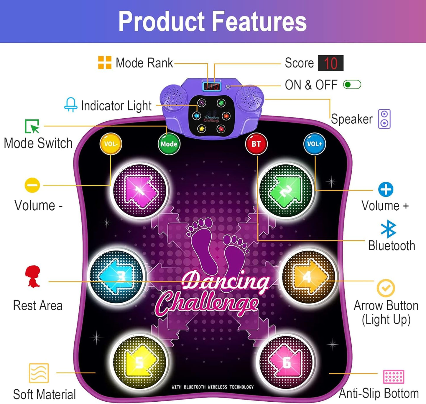 Kinder-Tanzmatte mit Bluetooth und LED-Pfeilen, Mehrfarbig