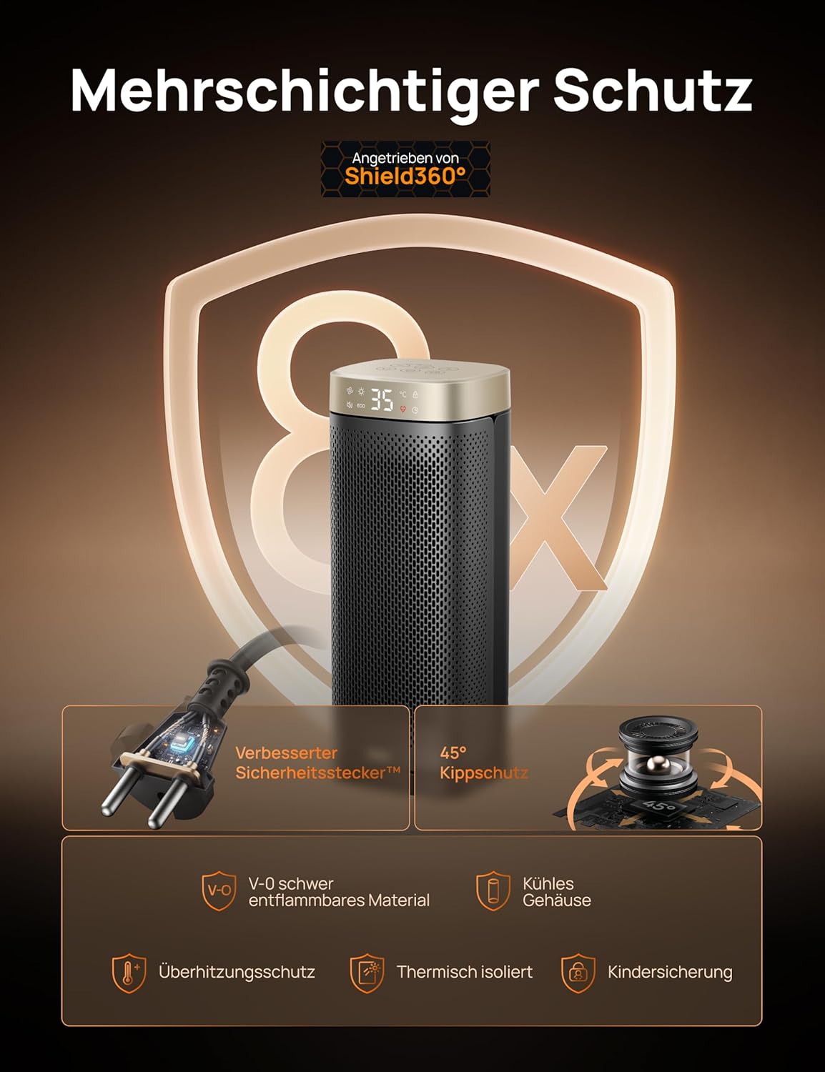 Solaris Slim H2 Heizlüfter mit Thermostat, Gold