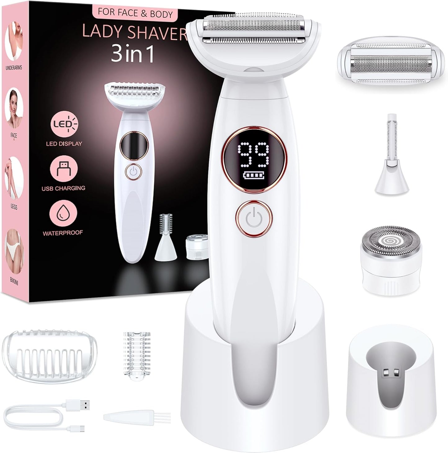 3-in-1 Damenrasierer & Trimmer, wasserdicht, USB-Ladung, Weiss