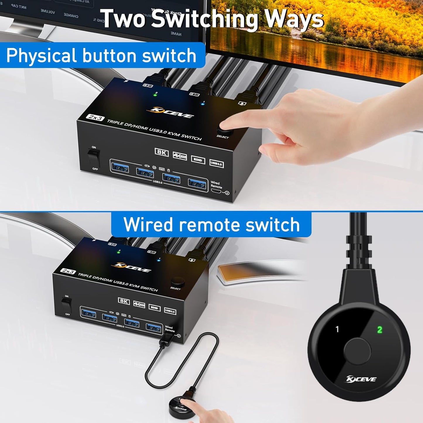 KVM Switch für 2 Computer, 3 Monitore, USB 3.0, 2X3 DP + DHMI KVM kein EDID