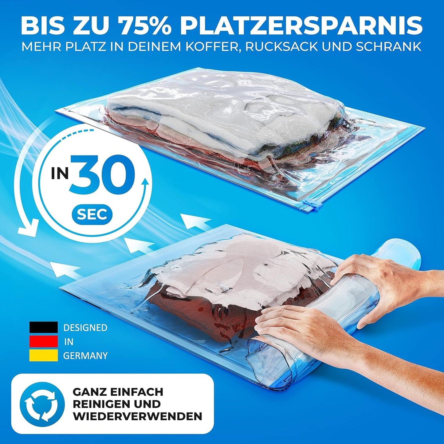 Vakuumbeutel-Set für Reisen (12 Stück) in 3 Grössen, 4x Medium + 4x Large + 4x XL (zum Rollen)