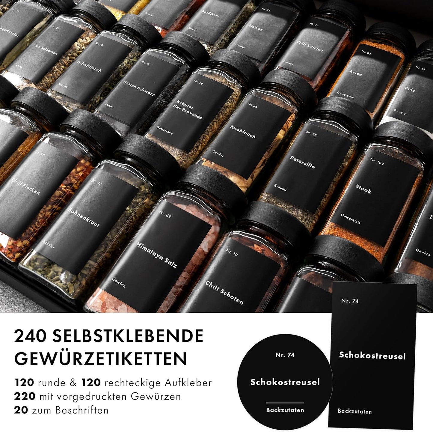 24x eckige Gewürzgläser inkl. Zubehör, Schwarzer Deckel