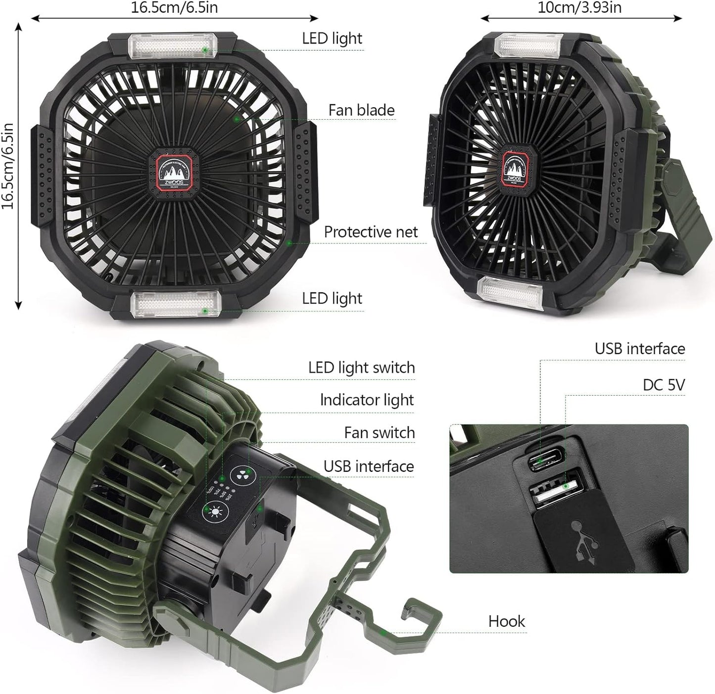 USB Campingventilator mit LED-Licht, Fernbedienung
