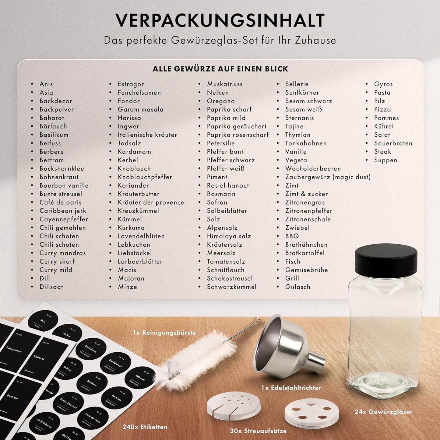 24x eckige Gewürzgläser inkl. Zubehör, Schwarzer Deckel
