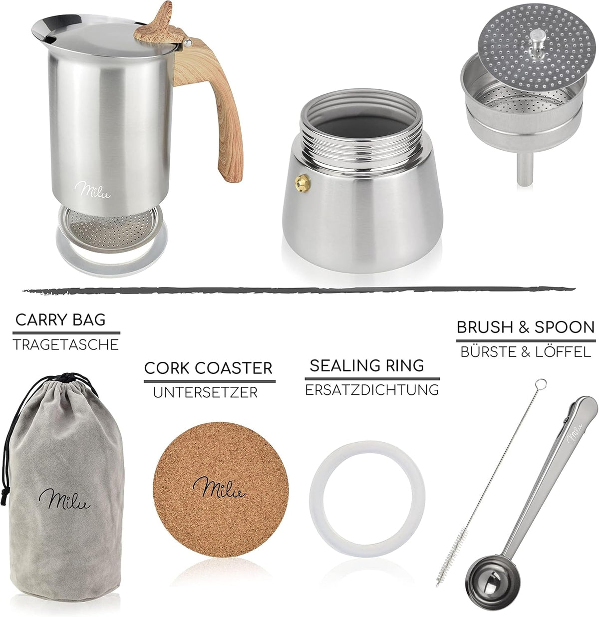 Espressokocher für Induktion mit Zubehör, 300 ml (Standard) Wood