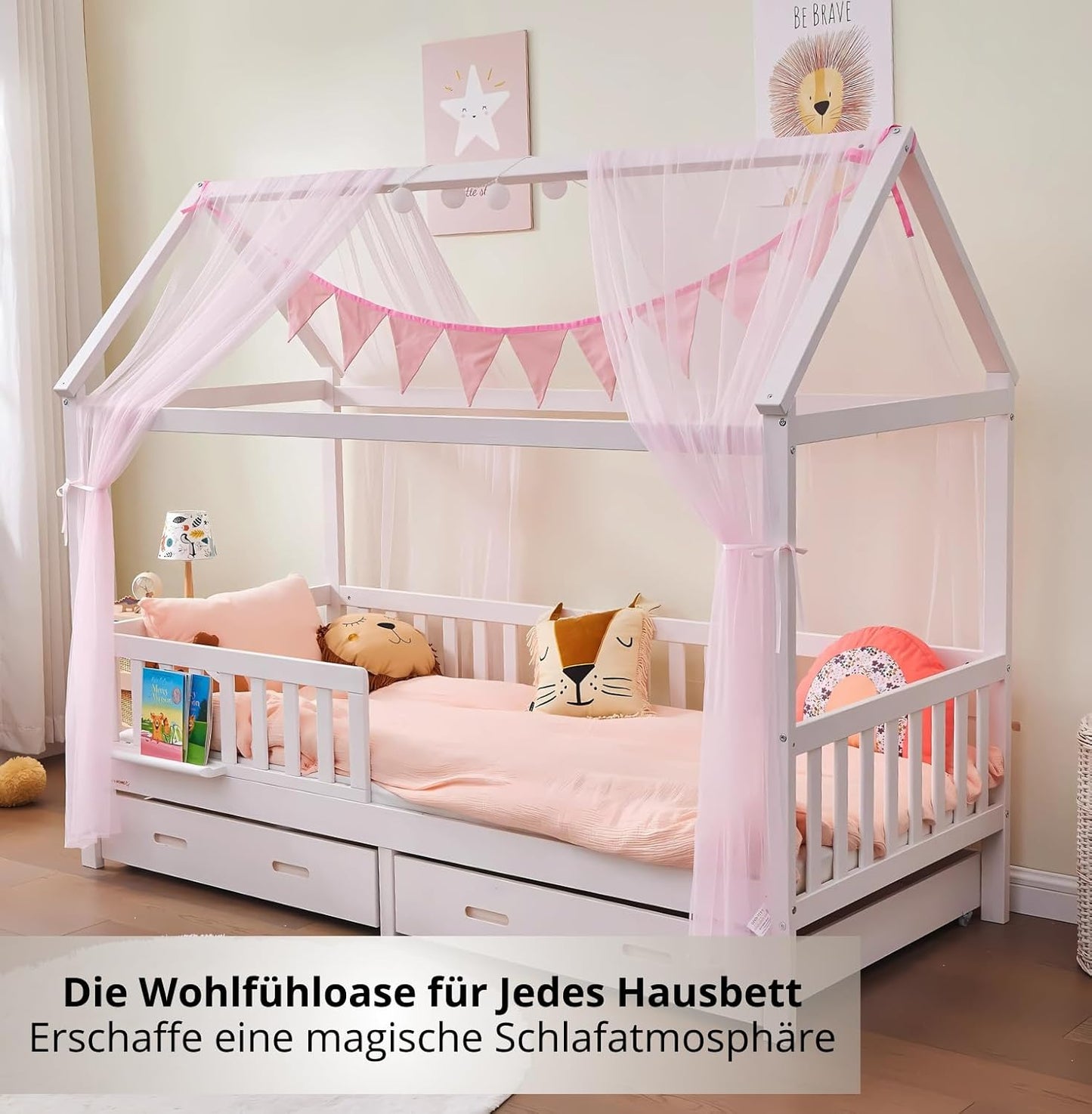 4-teiliges Hausbett Deko Set mit Betthimmel und Wimpelkette