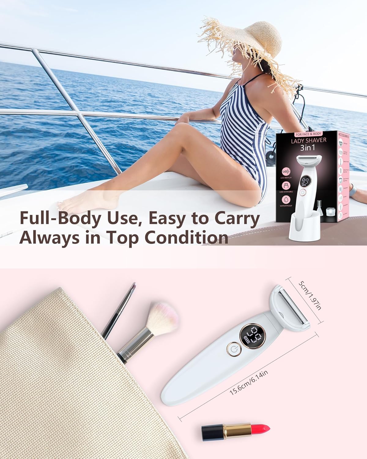3-in-1 Damenrasierer & Trimmer, wasserdicht, USB-Ladung, Weiss