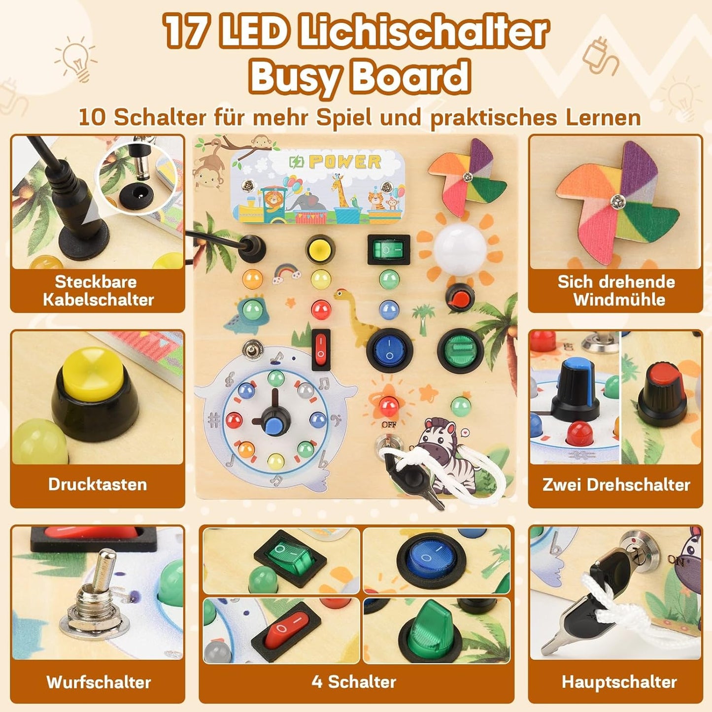 Montessori Busy Board mit LED-Lichtschalter