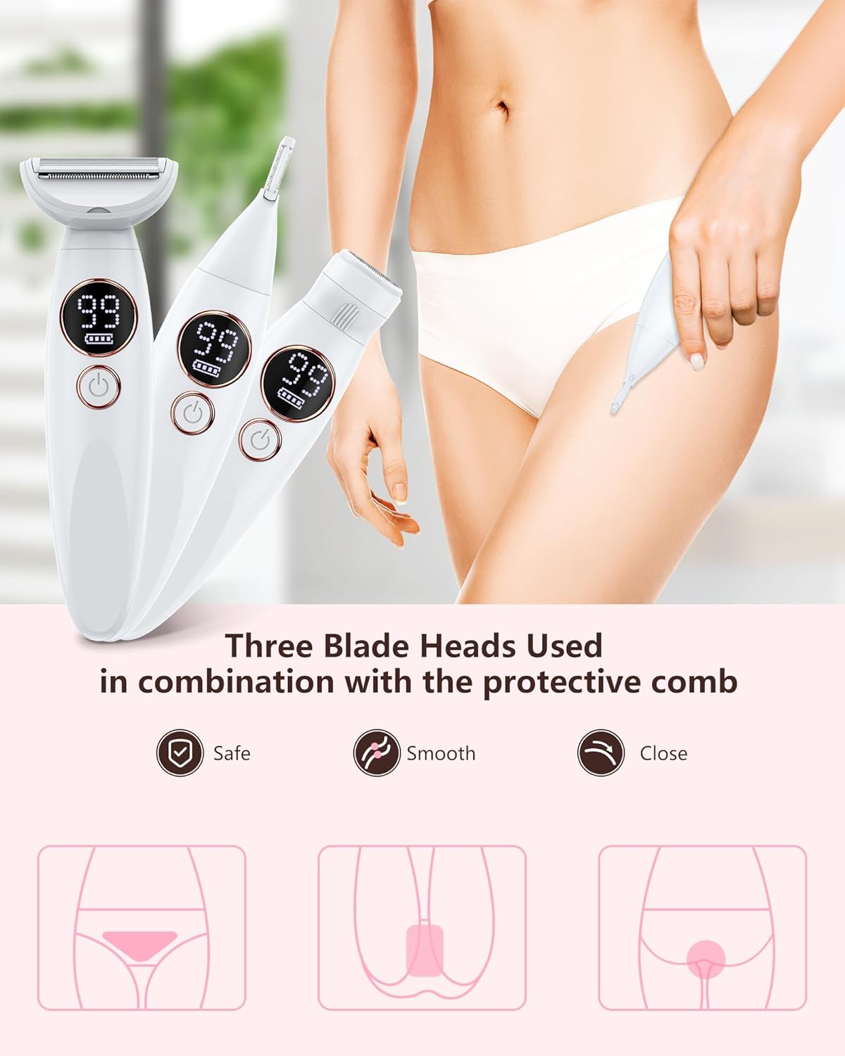 3-in-1 Damenrasierer & Trimmer, wasserdicht, USB-Ladung, Weiss