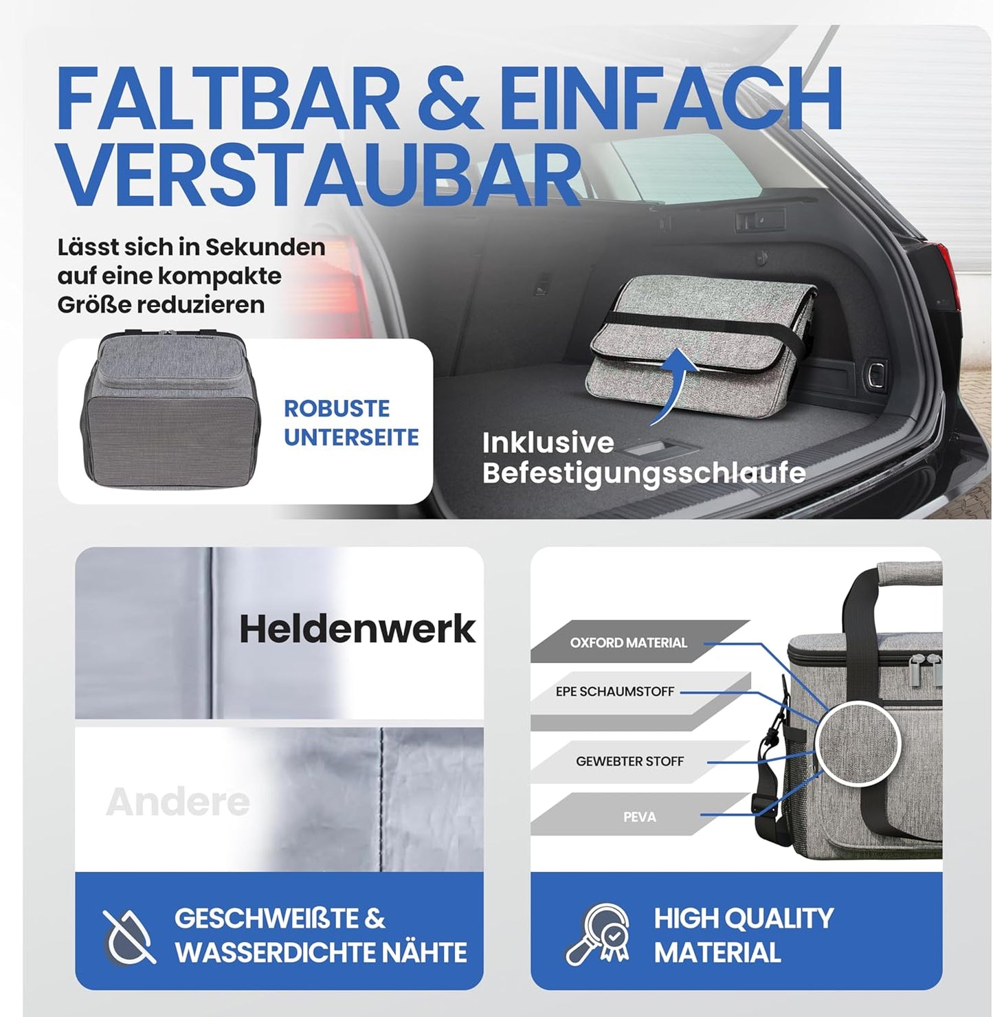 Faltbare Kühltasche mit Flaschenöffner & verstärktem Boden, Hellgrau 30L
