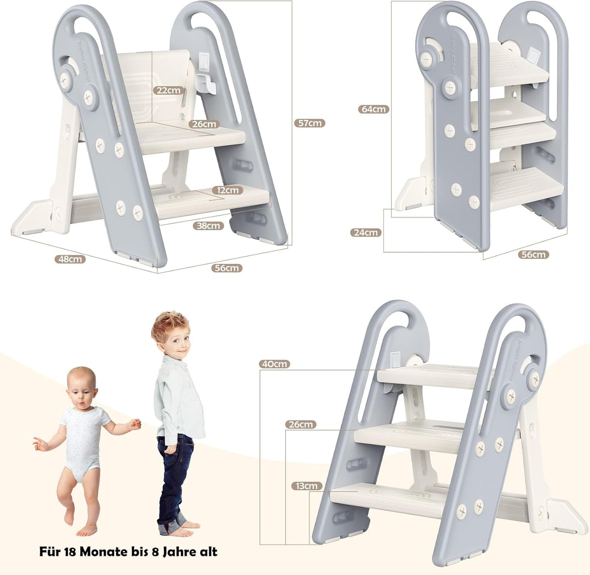 Höhenverstellbarer Tritthocker für Kinder, Grauweiss