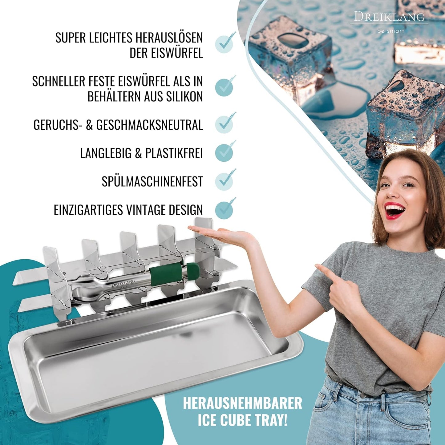 Eiswürfelform aus Edelstahl mit Hebelgriff, Hebel mit Komfortgriff