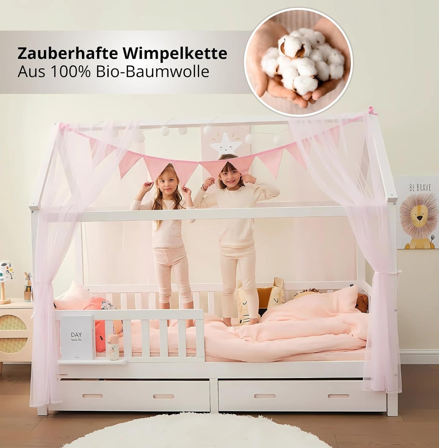 4-teiliges Hausbett Deko Set mit Betthimmel und Wimpelkette