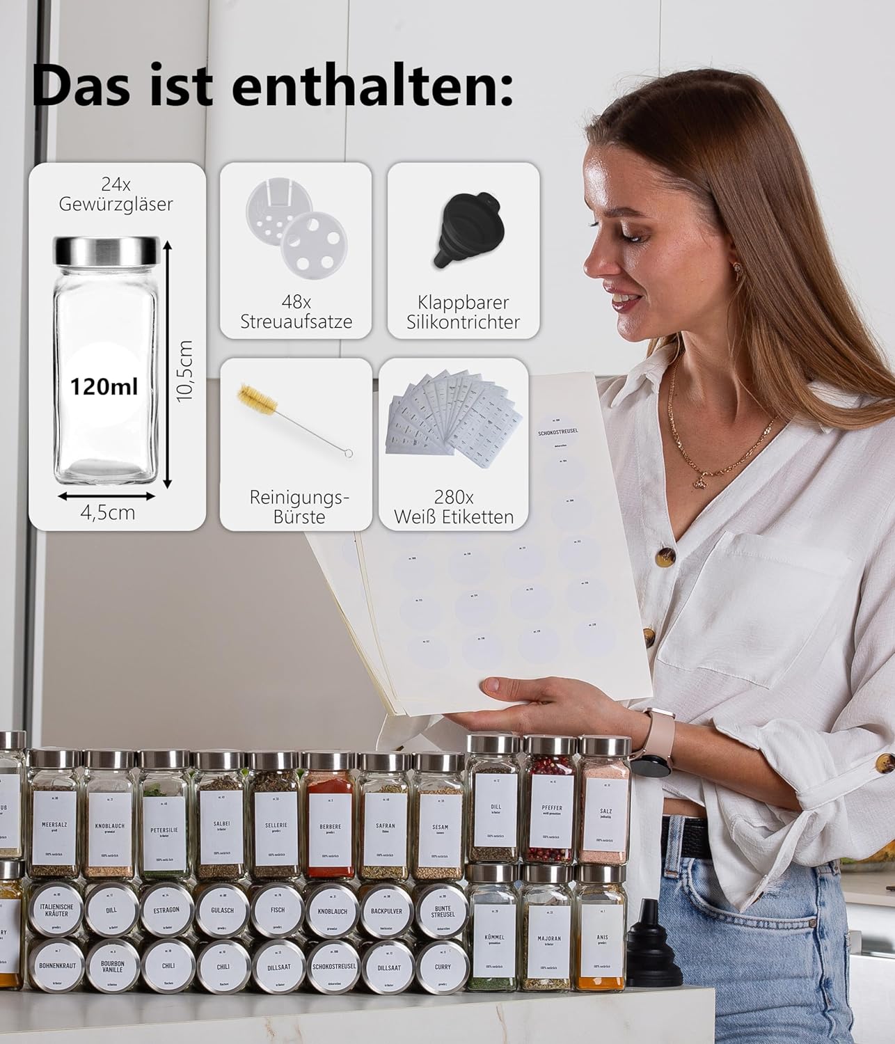 Gewürzgläser-Set mit Schraubkappe, 24er Set - Weiss