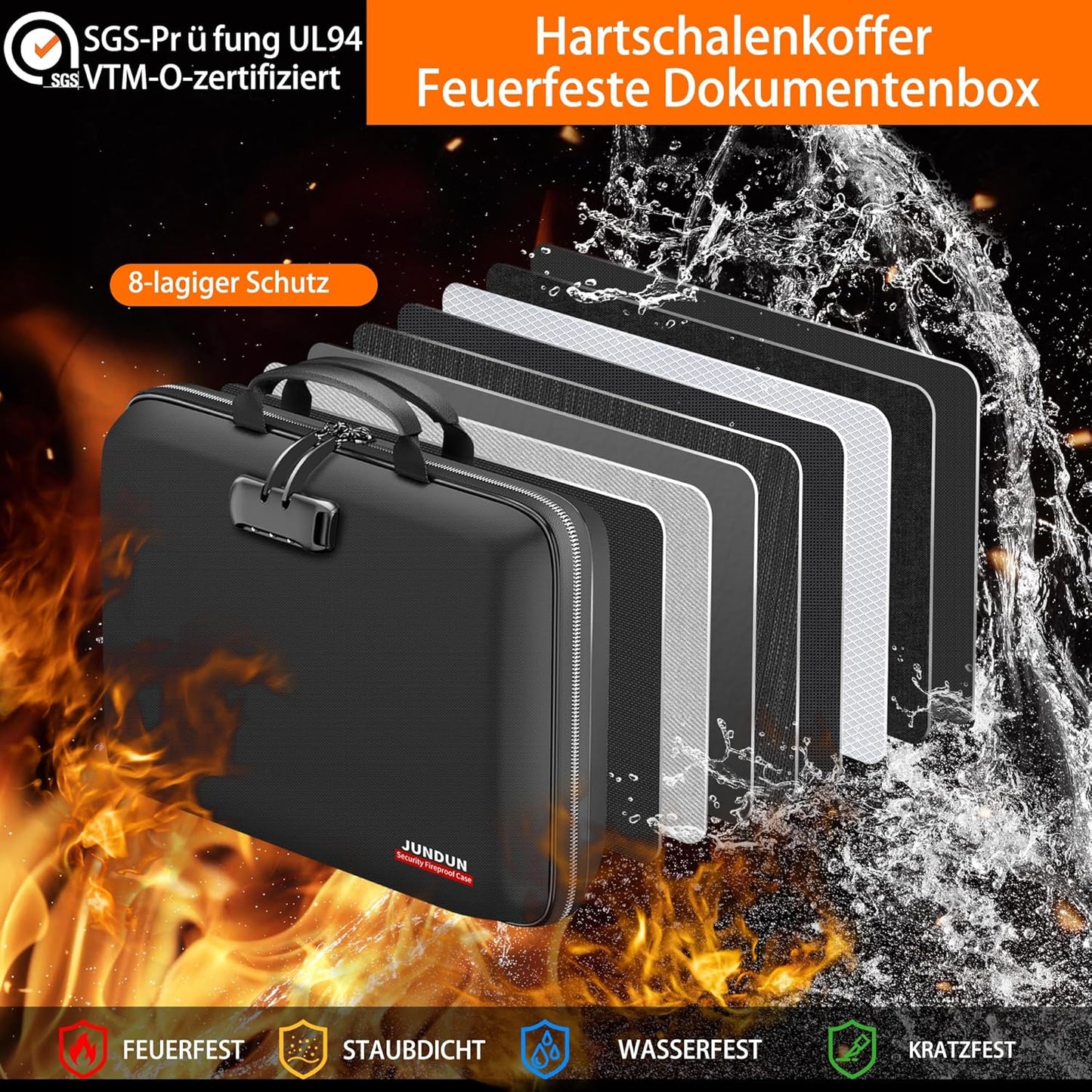 Feuerfeste Dokumentenbox mit Schloss & Trageriemen, Schwarz L