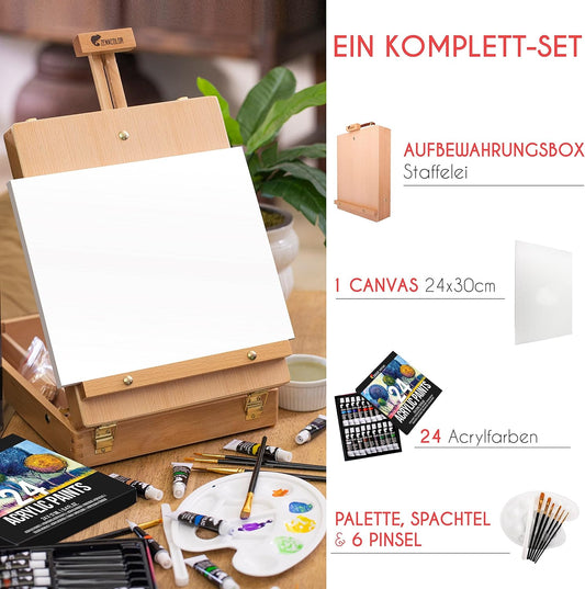 34-teiliges Acrylfarbe-Set mit Tischstaffelei