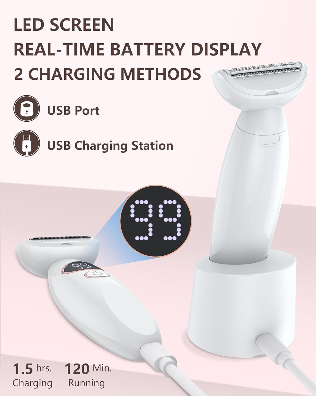 3-in-1 Damenrasierer & Trimmer, wasserdicht, USB-Ladung, Weiss