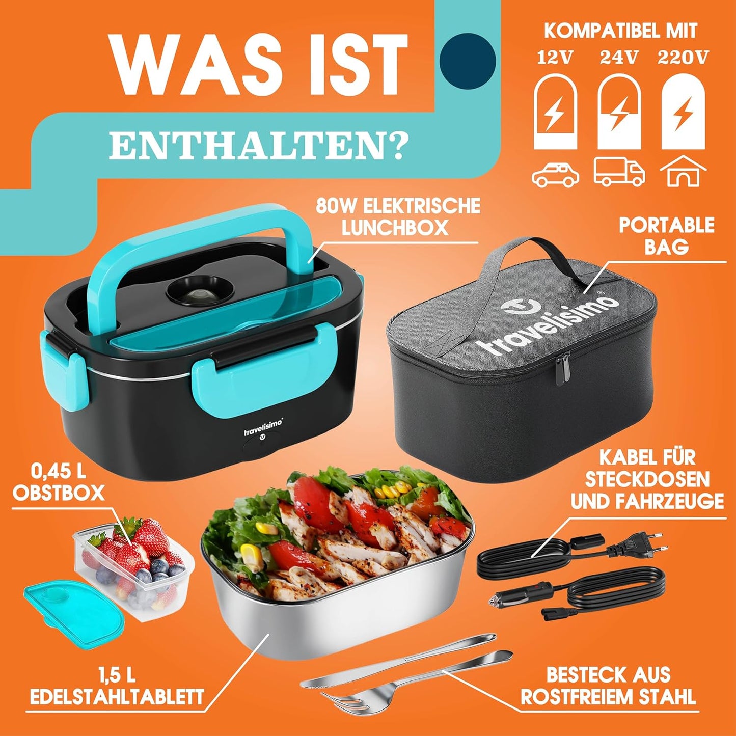 Elektrische Lunchbox mit Wärmefunktion, Neon Blau