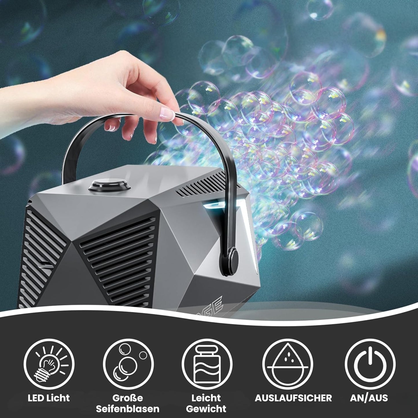 LED Seifenblasenmaschine mit 1L Flüssigkeit, Schwarz