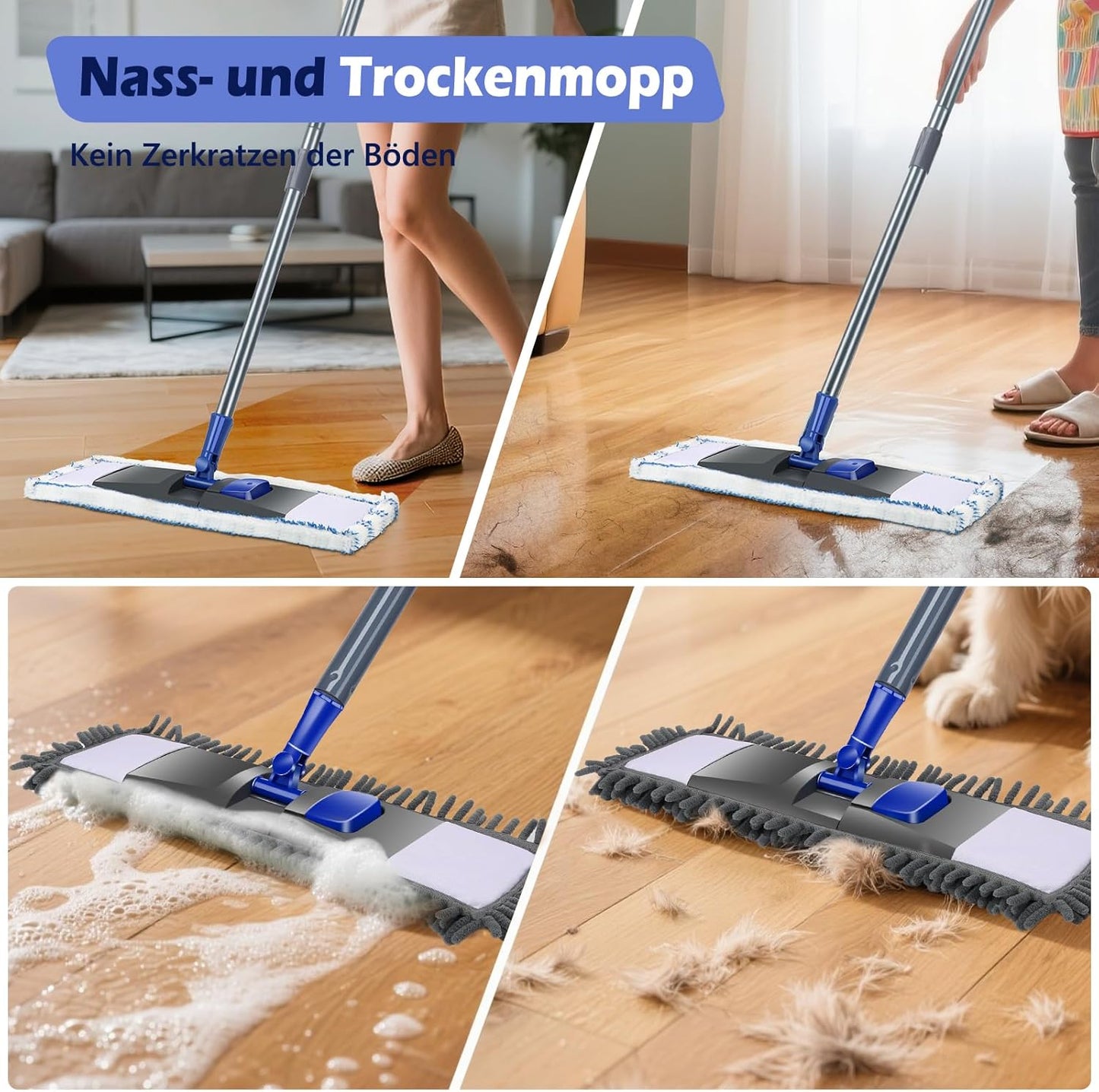 Wischmopp-Set mit 4 Pads und Schaber, Chenille+Mikrofaser Mopp