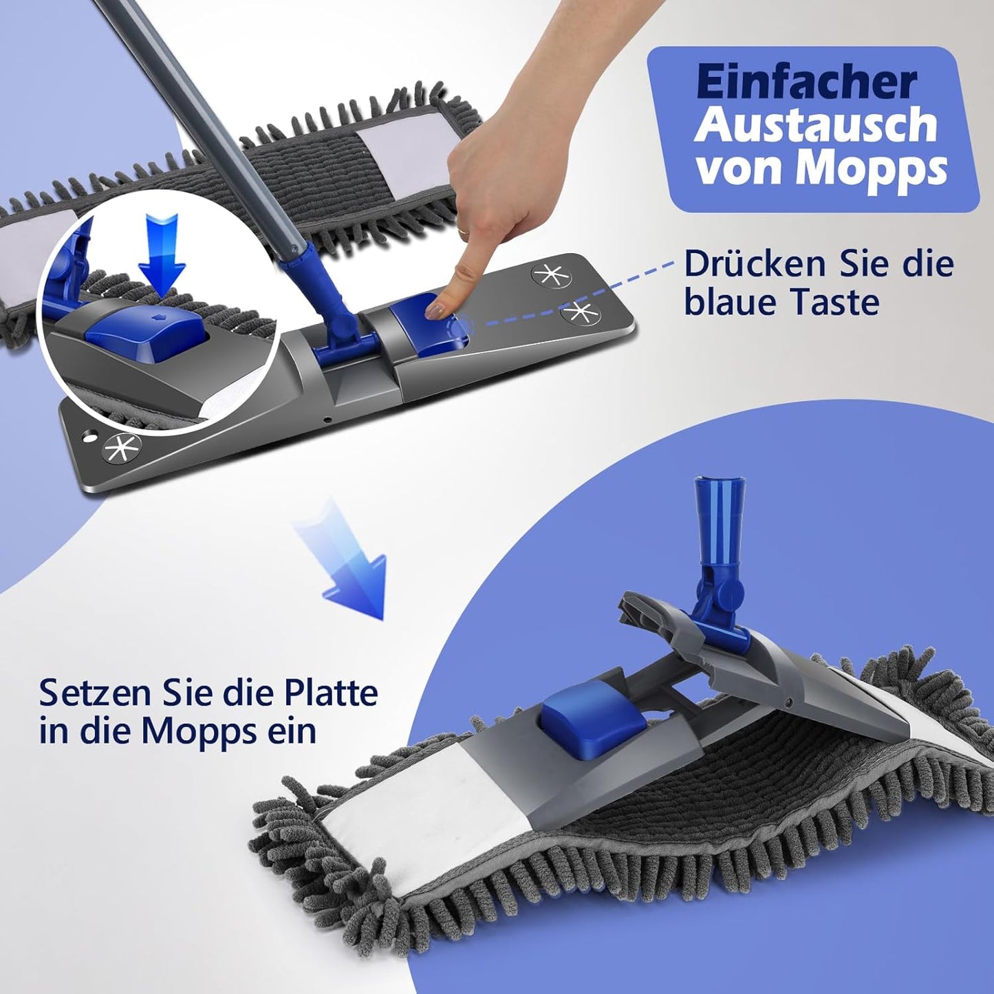 Wischmopp-Set mit 4 Pads und Schaber, Chenille+Mikrofaser Mopp