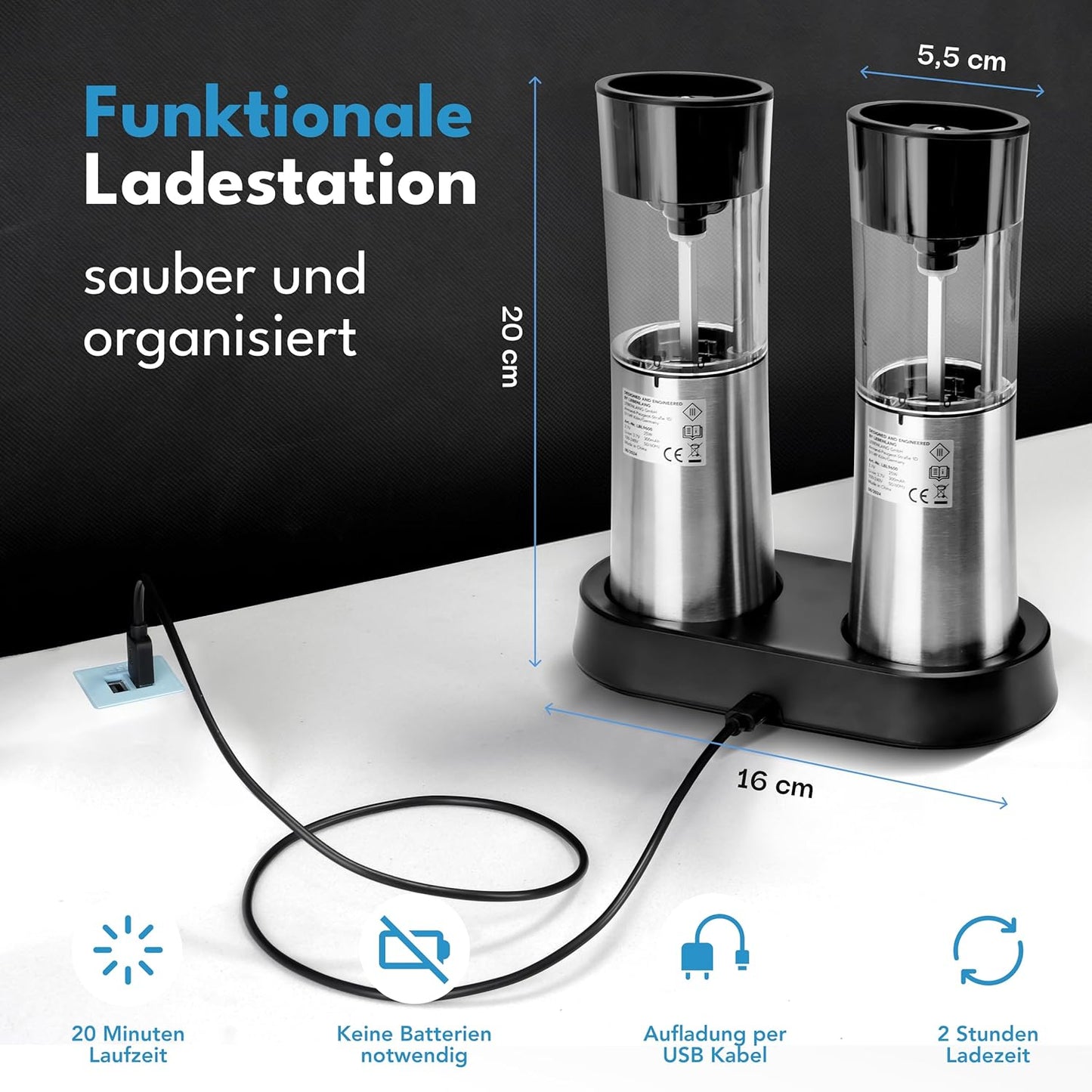 Elektrisches Salz- und Pfeffermühlen-Set mit Kipp-Sensor, Schwarz / Silber - Salz und Pfeffermühle Elektrisch Set