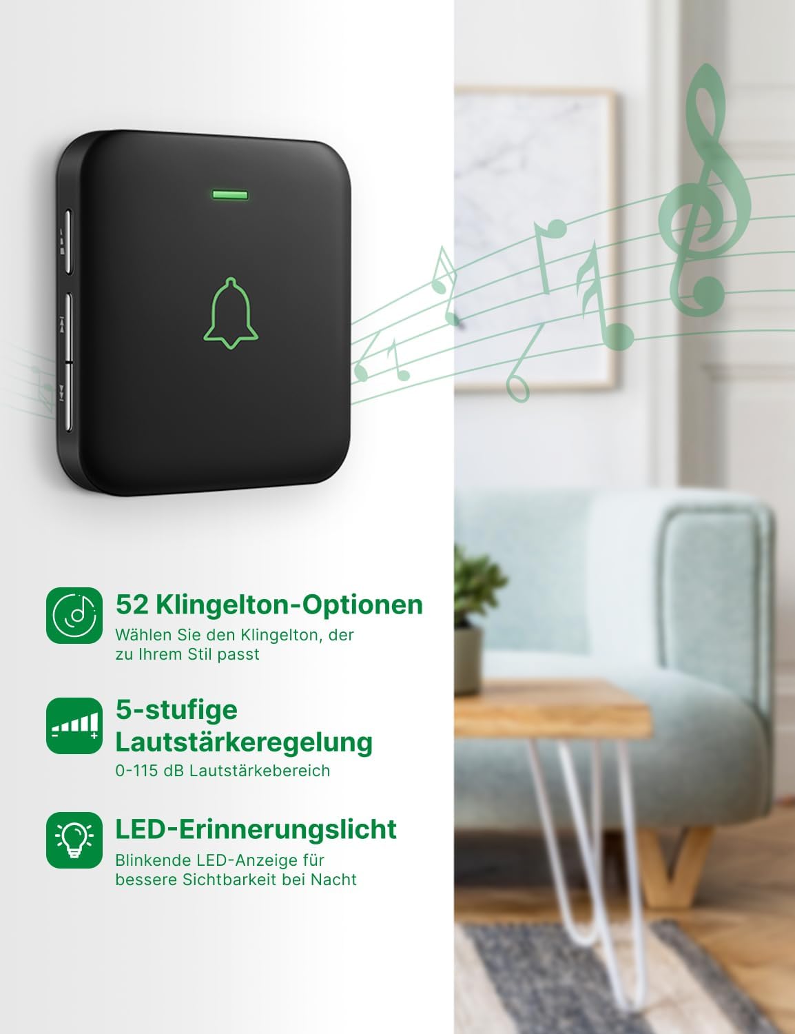 Funkklingel-Set mit 2 Empfängern, 52 Melodien, 2 receivers + 1 push Schwarz