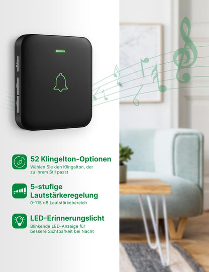 Funkklingel-Set mit 2 Empfängern, 52 Melodien, 2 receivers + 1 push Schwarz