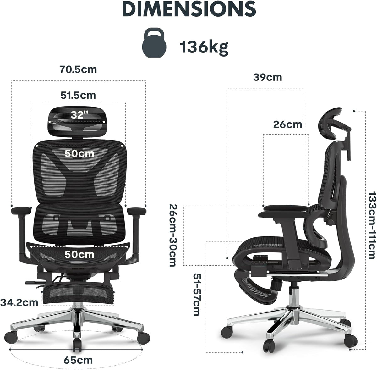 Ergonomischer Bürostuhl mit Fussstütze, 3D-Funktionen, Schwarz(mit Fussstütze) Lite