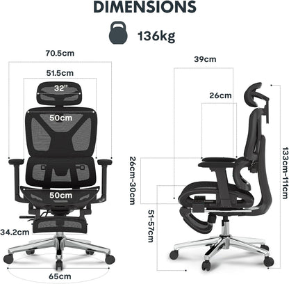 Ergonomischer Bürostuhl mit Fussstütze, 3D-Funktionen, Schwarz(mit Fussstütze) Lite