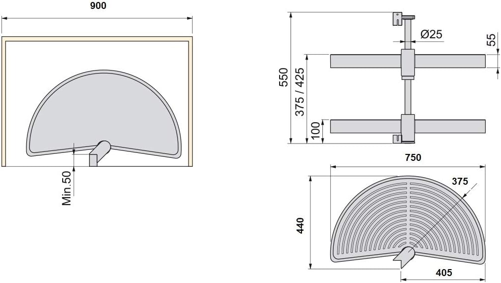 Halbkreis-Schwenkbeschlag für Eckschränke, 900x550 Mm