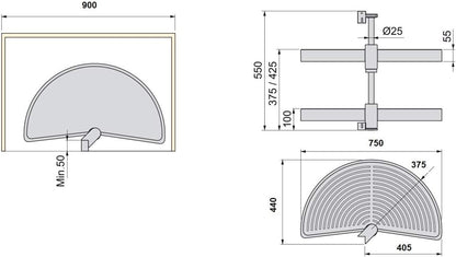 Halbkreis-Schwenkbeschlag für Eckschränke, 900x550 Mm