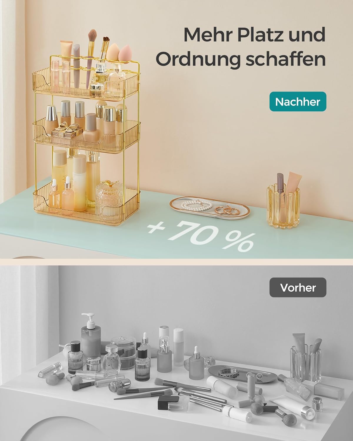 Make-up Organizer mit 3 Ebenen, Champagnergold