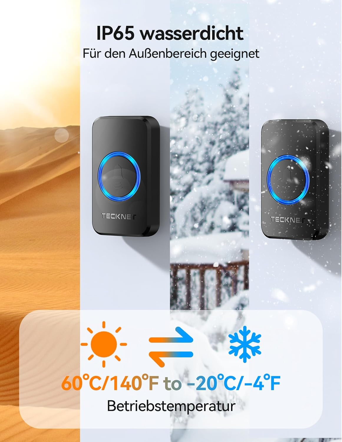 Funkklingel-Set mit 600m Reichweite, 1 Plug-In-Empfänger und 2 Sender, Schwarze Leds