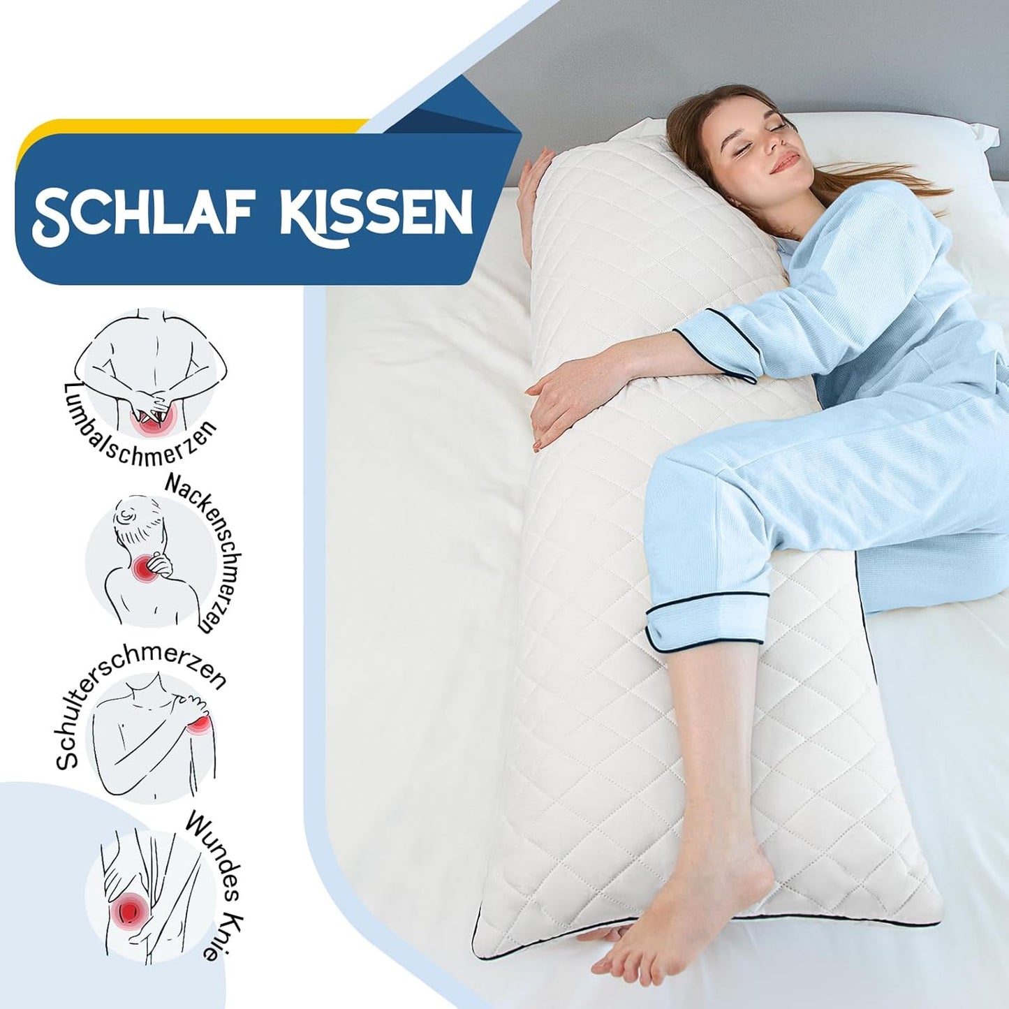Ergonomisches Ganzkörperkissen für Seitenschläfer, 160 x 50 cm Weiss-memory Foam