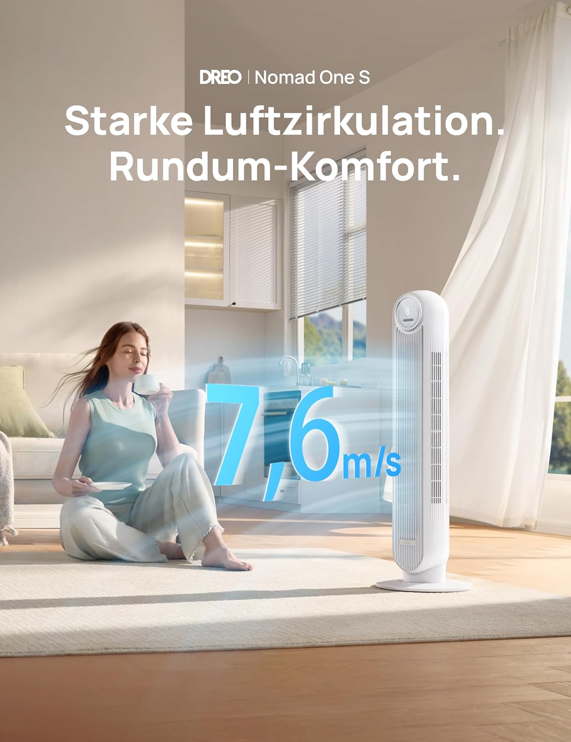 Nomad One S Smart-Turmventilator mit WLAN & Fernbedienung, WLAN Weiß