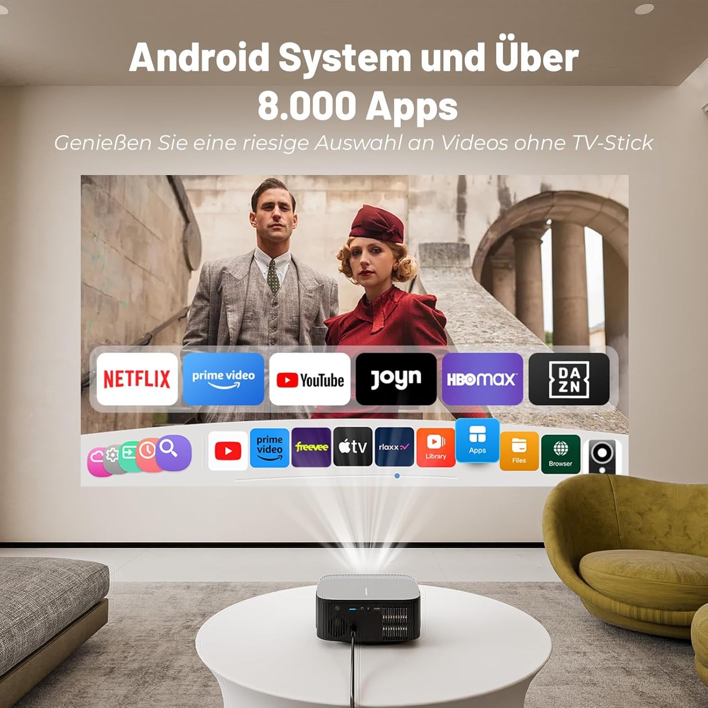 4K Smart Beamer mit Netflix, Smart Android TV & WiFi-Bluetooth, E1