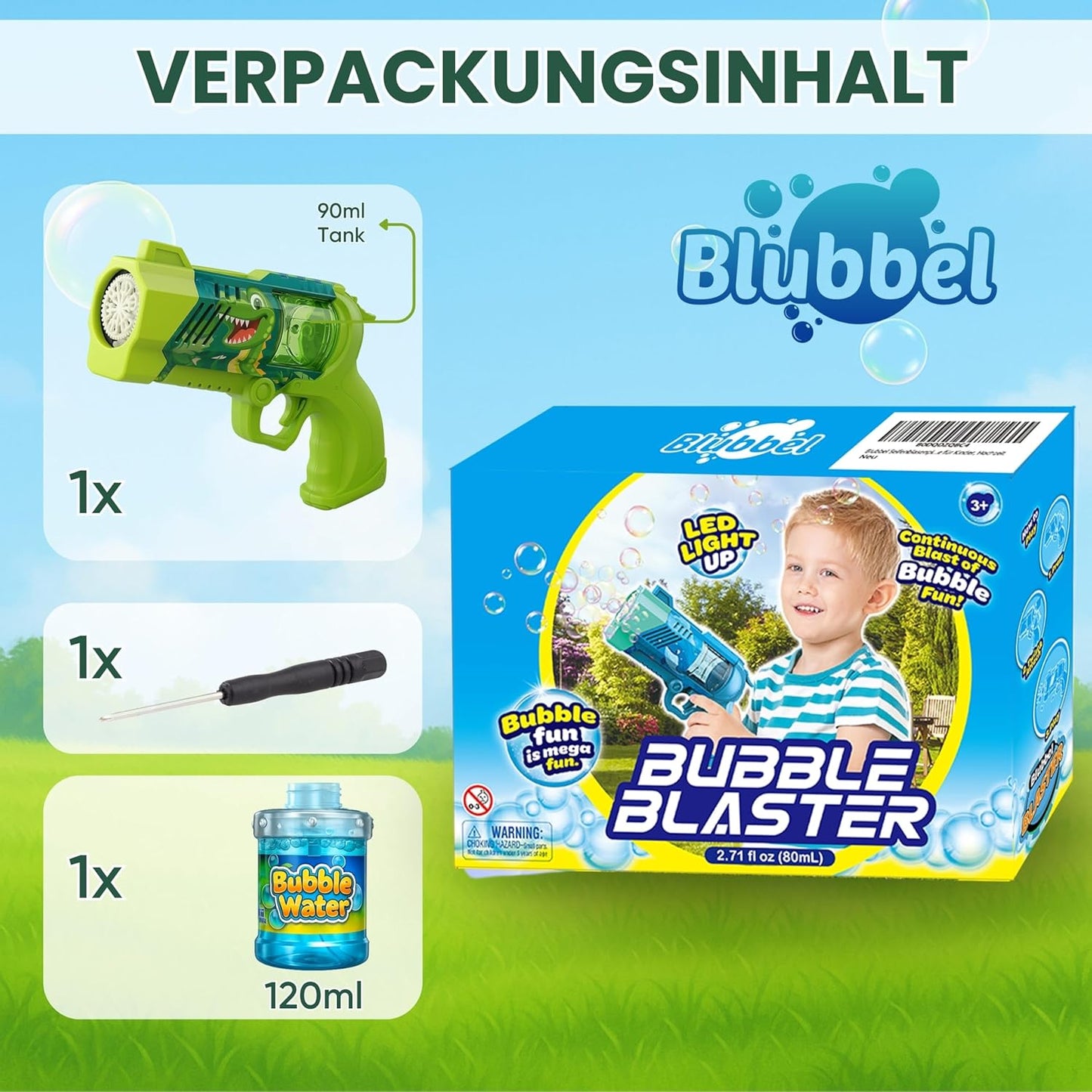 Seifenblasenpistole mit LED und Seifenflüssigkeit, grün
