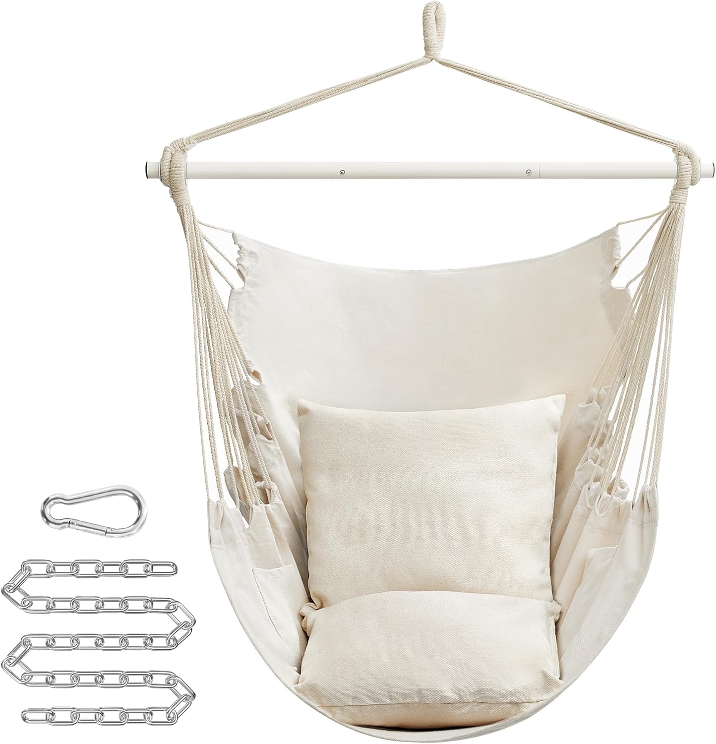 Hängesessel mit Kissen und Metallkette, Cremeweiss Legierter Stahl