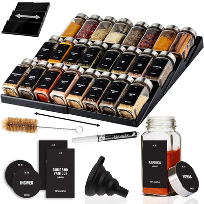Gewürzgläser-Set mit Schubladeneinsatz, 24 Stk, ausziehbar, Schwarz, Deckel Edelstahl