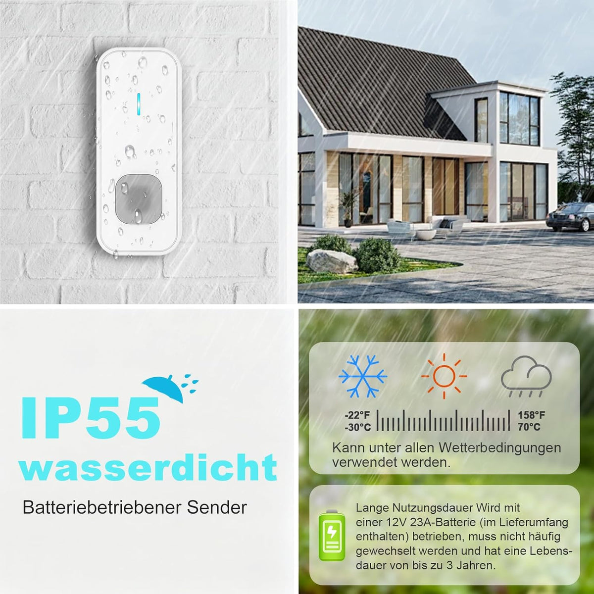 Funkklingel-Set mit LED-Blitz (2 Sender, 1 Empfänger), 1 Empfänger+2 Sender