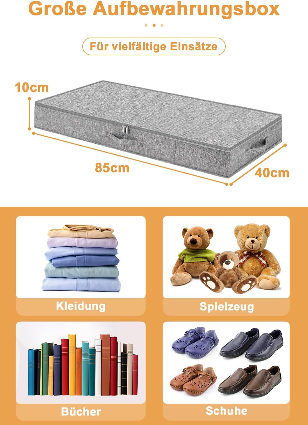 Faltbare Unterbett-Aufbewahrungsbox mit Deckel, Grau-1 10cm