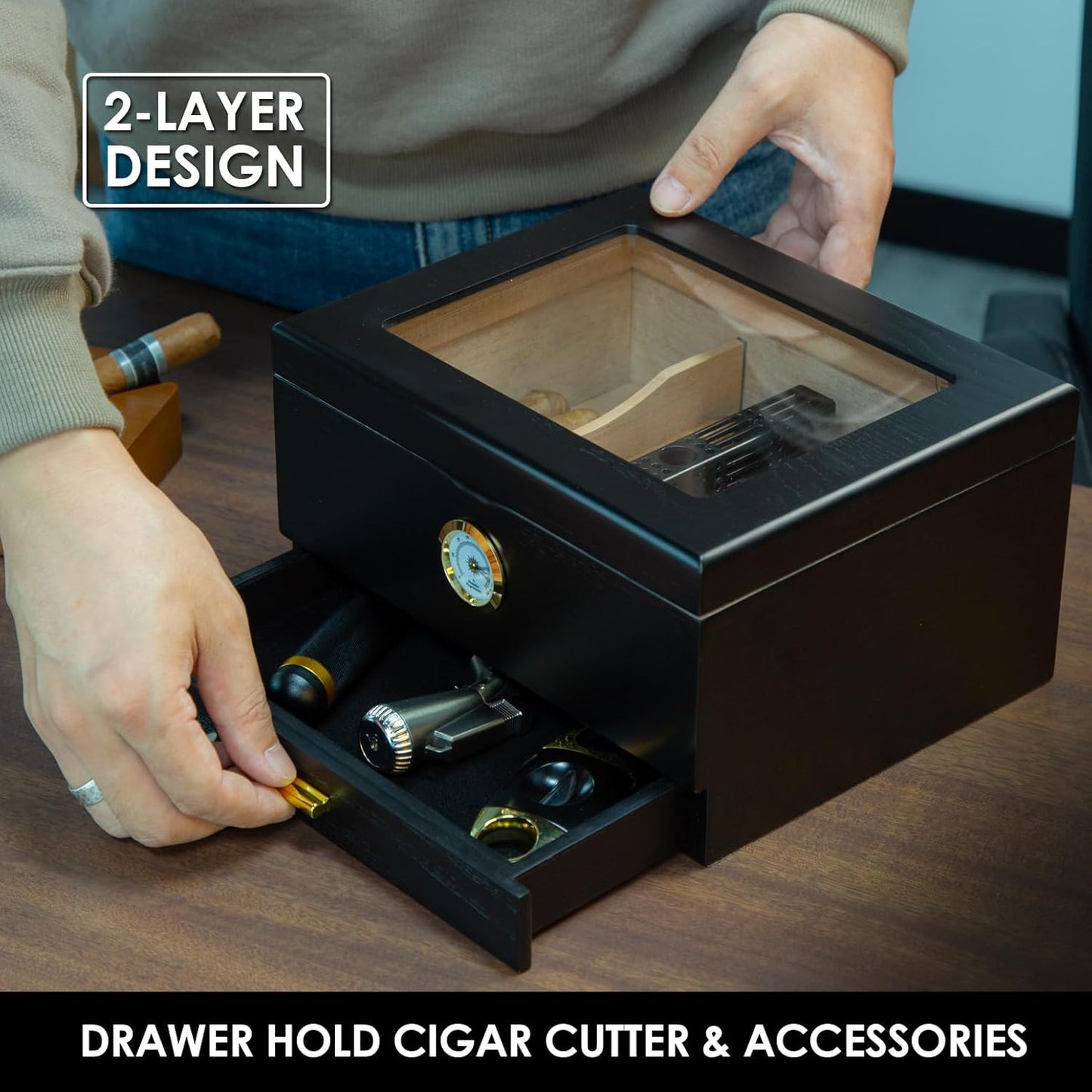 Zigarren-Humidor-Box mit Befeuchter & Hygrometer, Schwarz 10-50