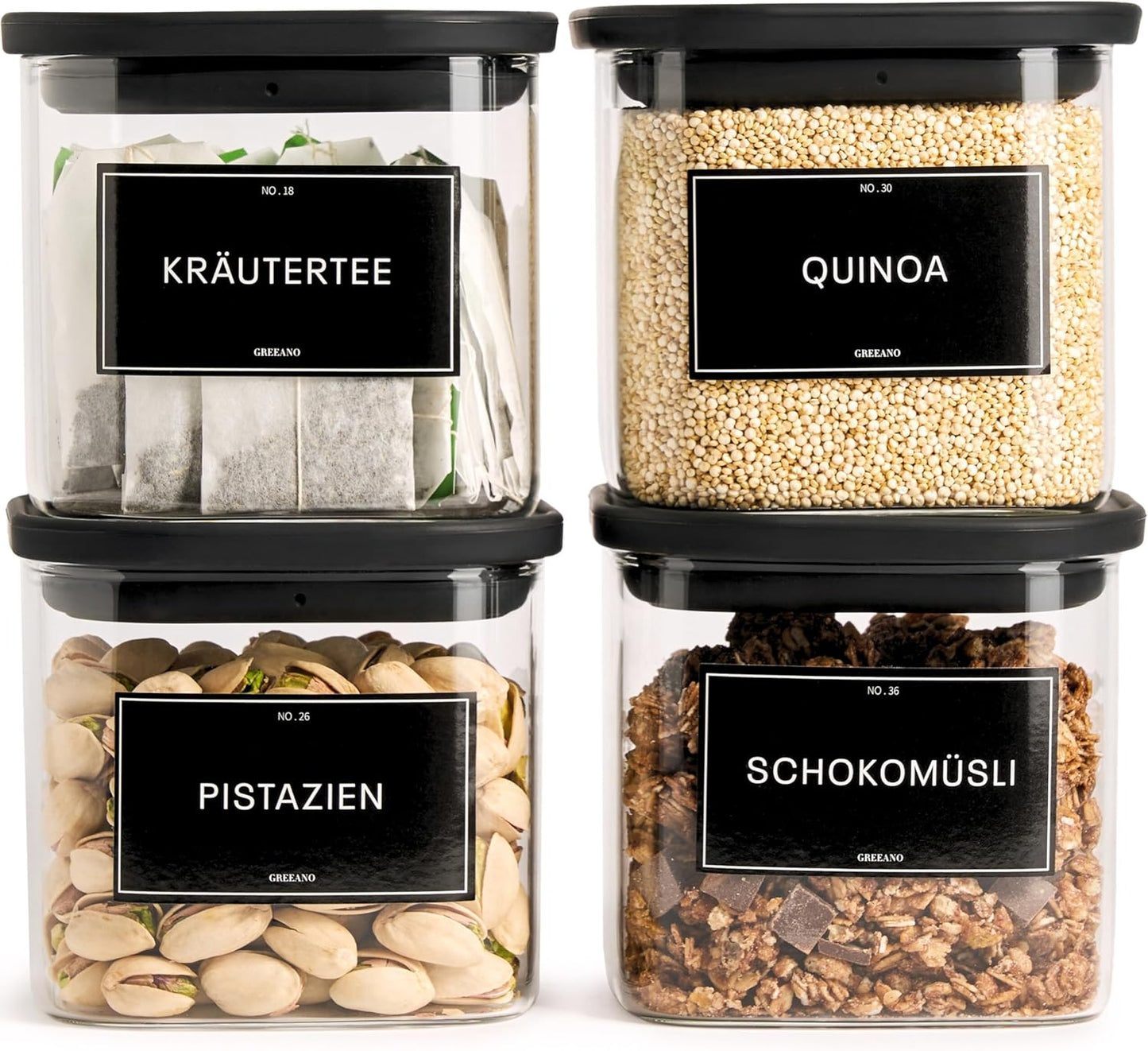 Eckiges 4er-Vorratsgläser-Set inkl. Etiketten, 4x 600ml